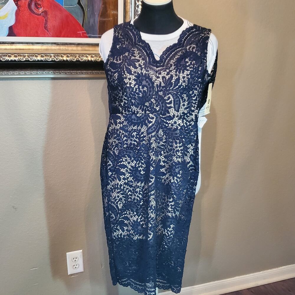 William Fashion Womens Navy Blue Lace Dress Small Midi Sleeveless Italy NWT